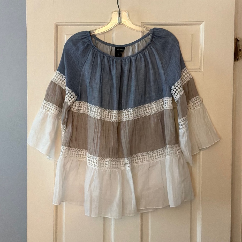 Ali Miles Blue Taupe White Crochet Lace Tiered Bell Sleeve Blouse Boho Top Small